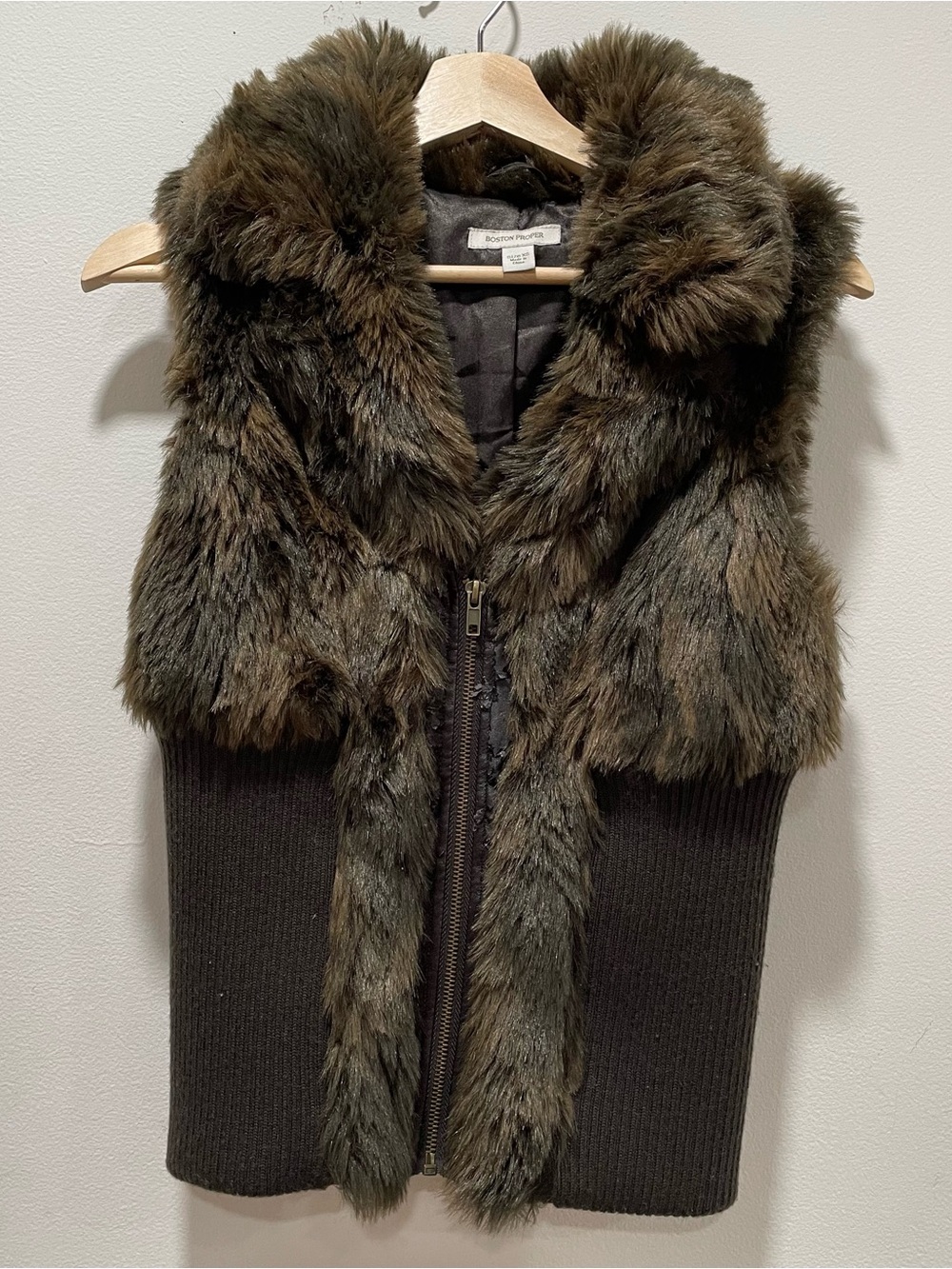 Boston Proper Olive Faux Fur Vest with Zip Front